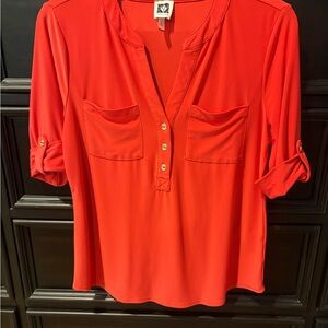 Anne Klein Bright Red Button-Placket Roll-Sleeve Blouse